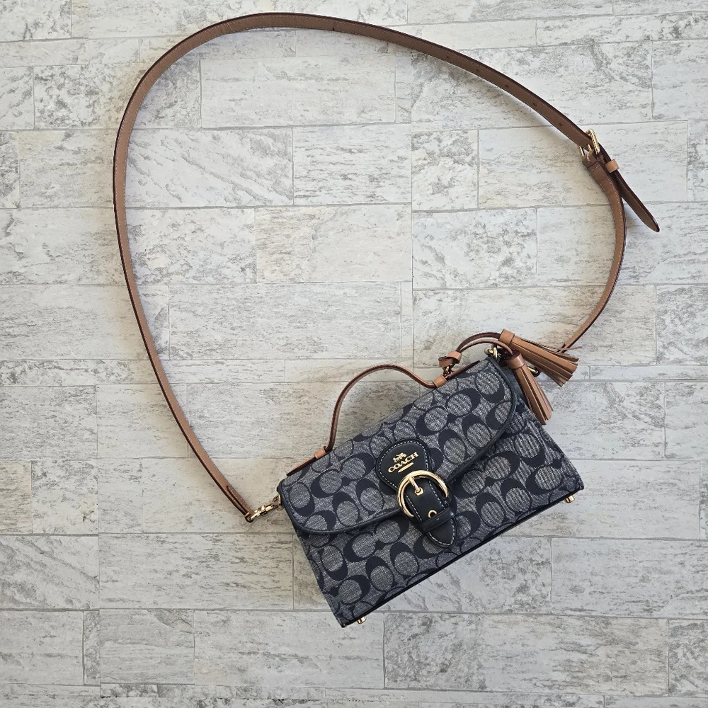 Coach Navy Signature Canvas Crossbody with Tan Leather Trim - Picture 2 of 14